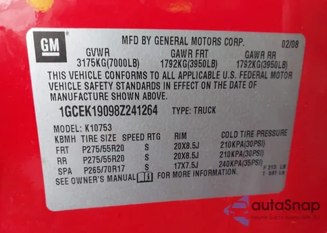 2008 Chevrolet Silverado 1500 Lt1 z USA, uszkodzony, nr VIN 1GCEK19098Z241264